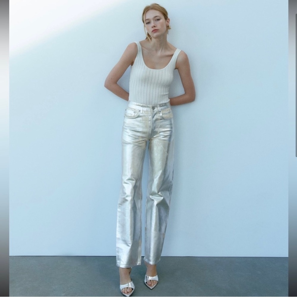 NWT ZARA METALLIC SILVER JEANS